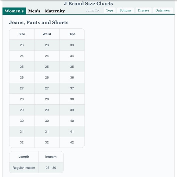 Pants & Jumpsuits J Brand Size Chart Poshmark